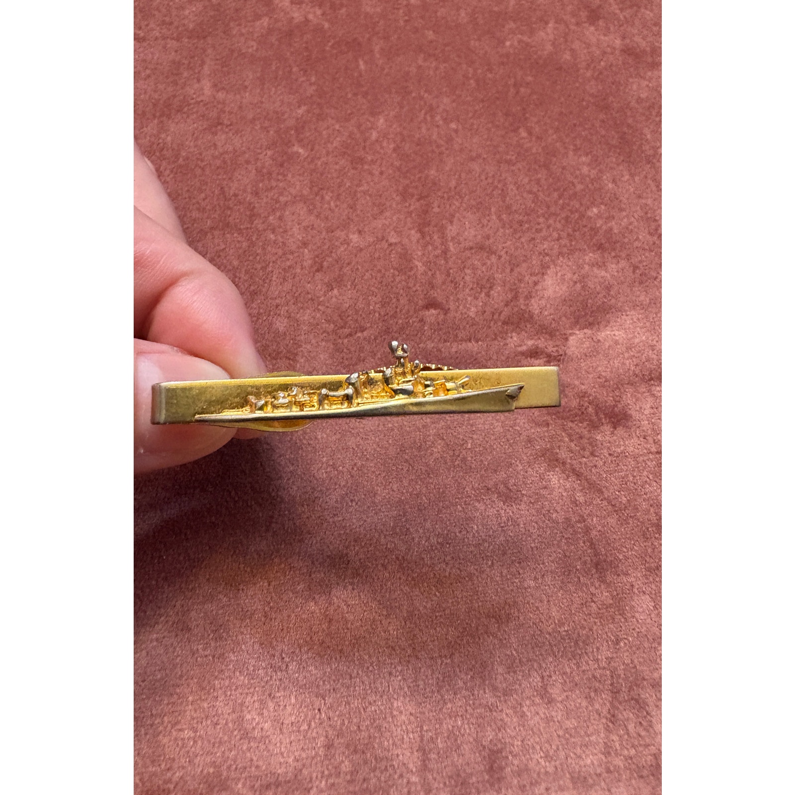 Vintage Gold Tone Battleship Navy Tie Bar Clip Clasp